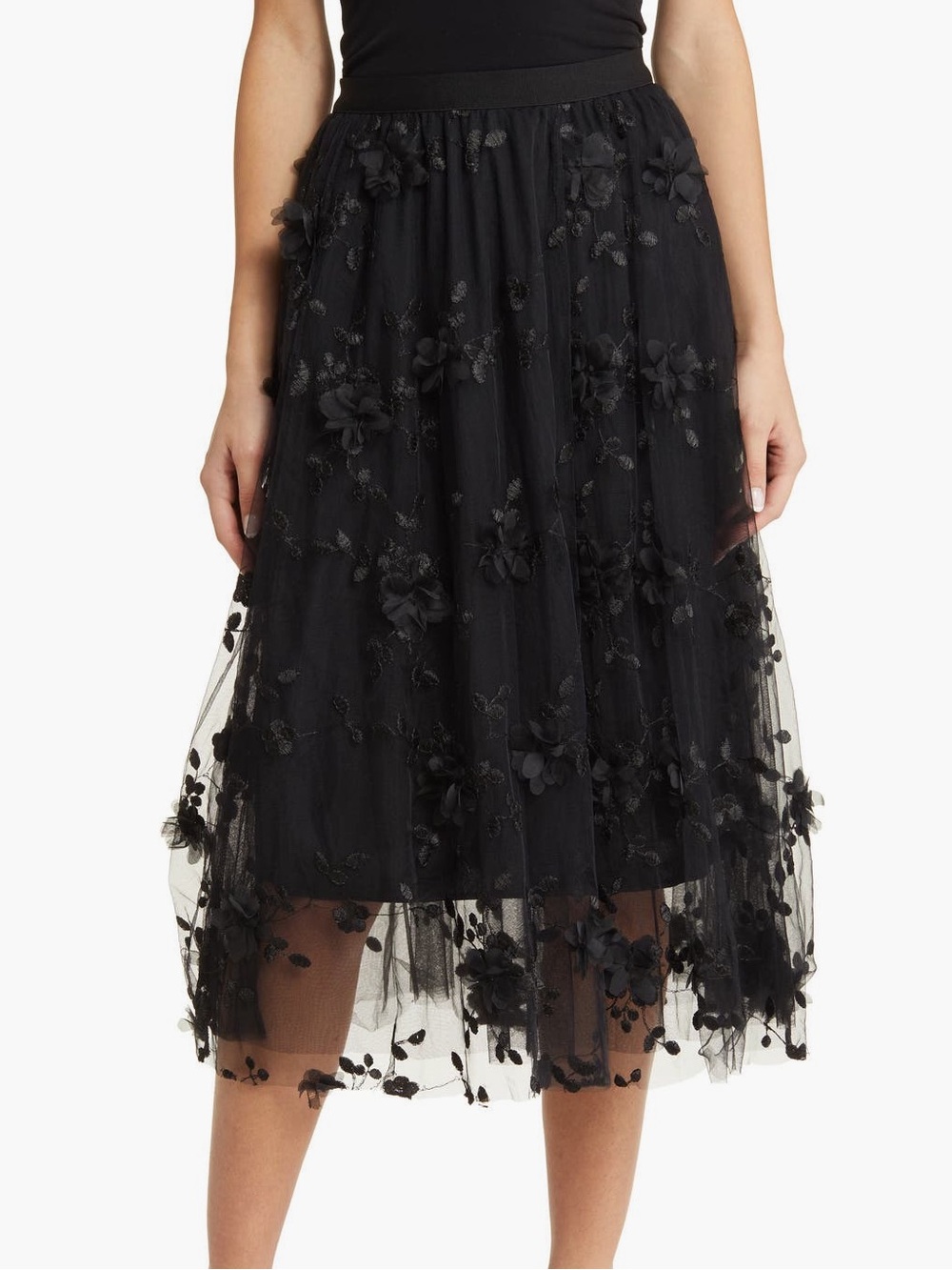 NWT JOH. BRAND 3D tulle mesh layered Black Floral Embroidered Midi Skirt L *READ